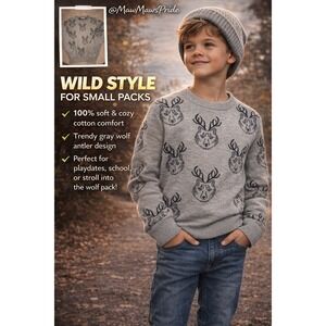 WOLF‎ PACK Cat Jack Kids Gray  Antler 100% Cotton Crewneck Sweater Size M 8 10